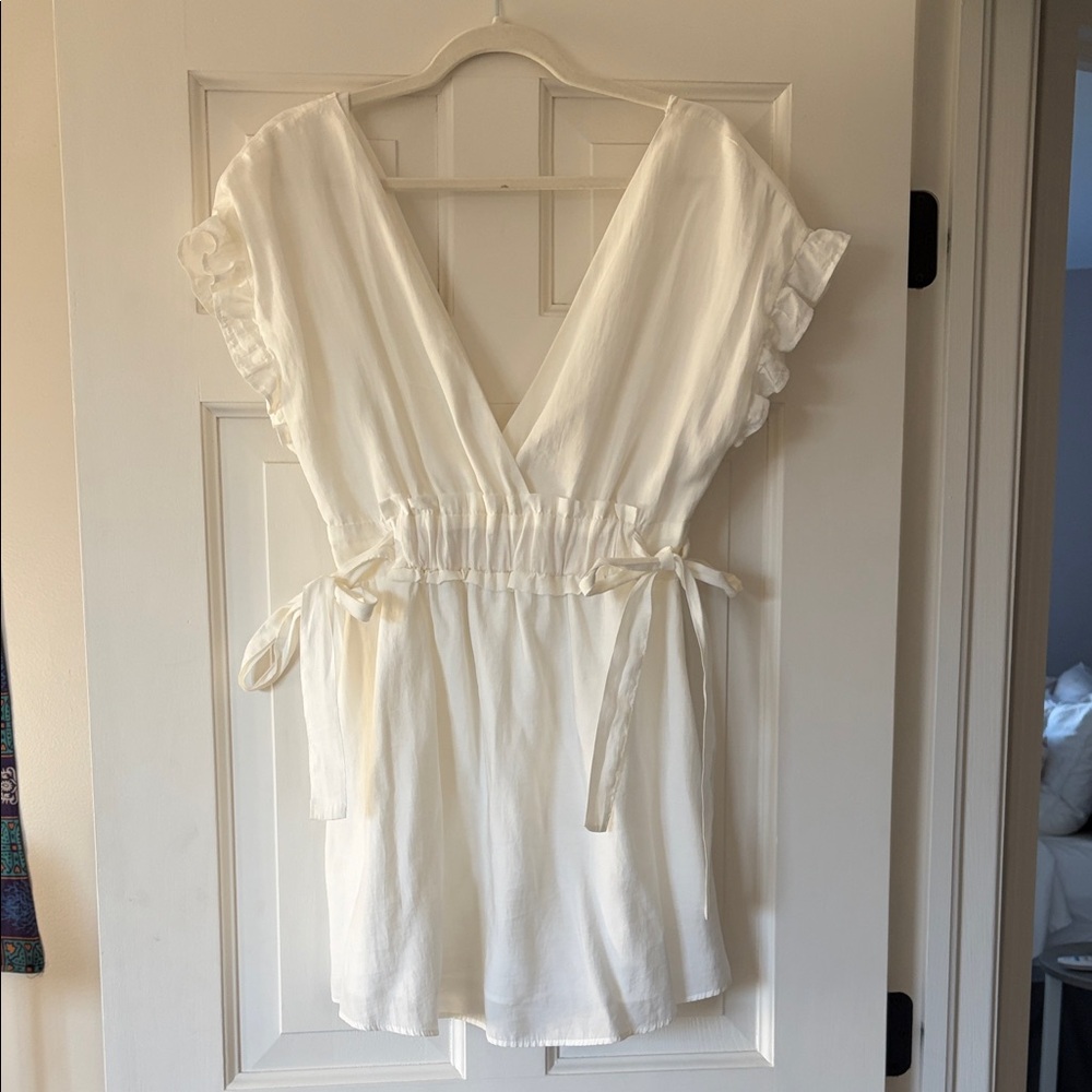 Zara Cream Surplice Tie-Waist Ruffle Sleeve Tunic